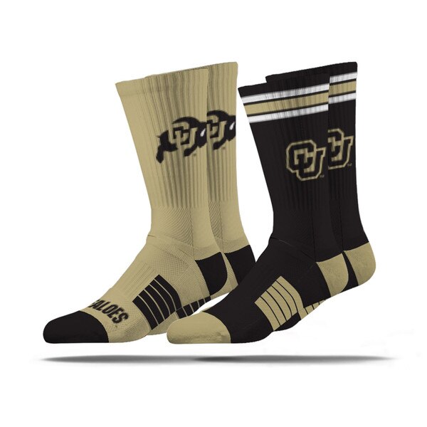 Two pairs of University of Colorado Strideline crew socks featuring CU Buffs logos in black and gold designs